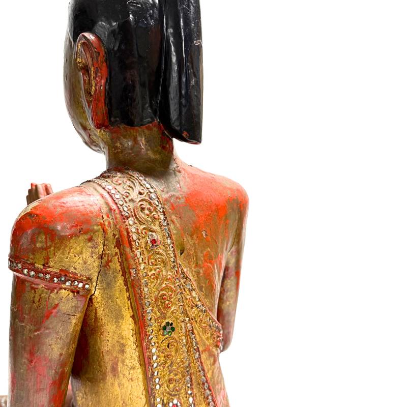Burmesische Mönchsstatue mit originaler Blattvergoldung