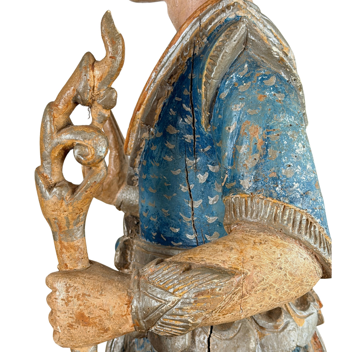 Birmanische Nat-Figur: Stabbekrönung neben dem Riss in der blauen Schulter
