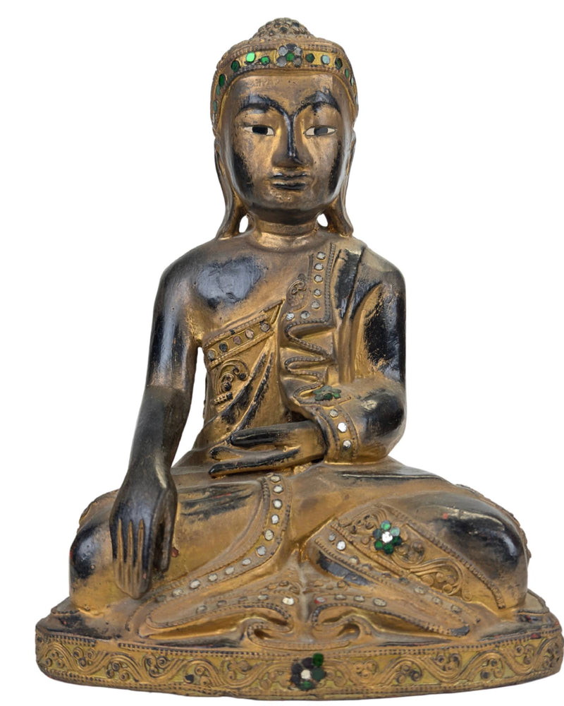 Burmesischer vergoldeter Holz-Buddha mit Glaseinlagen – Mandalay-Stil Myanmar
