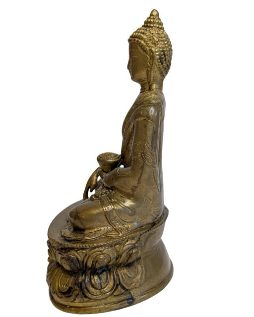 Alte tibetische Buddha-Statue aus Bronze mit natürlicher Patina und Gebrauchsspuren
