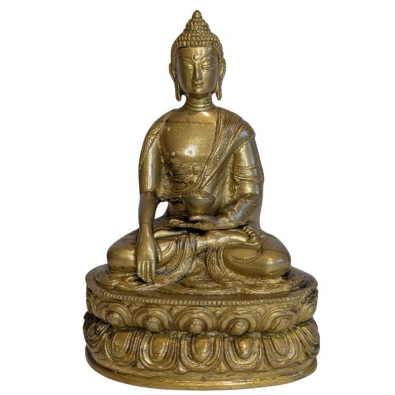 Tibetische Buddha-Statue aus Bronze aus dem 19. Jahrhundert mit verwitterter Patina und Vergoldungsresten