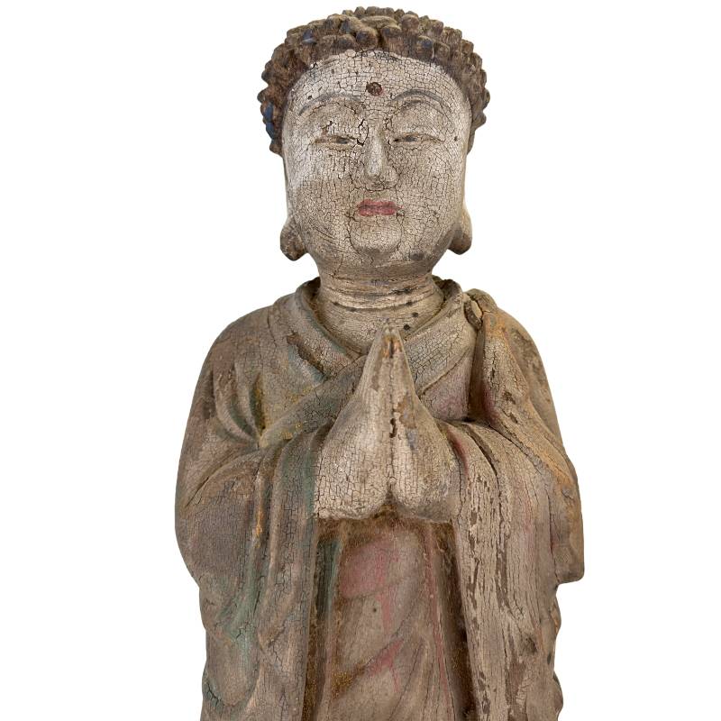 Buddha in Anjali-Mudra-Geste, antikes chinesisches Andachtsobjekt aus Holz