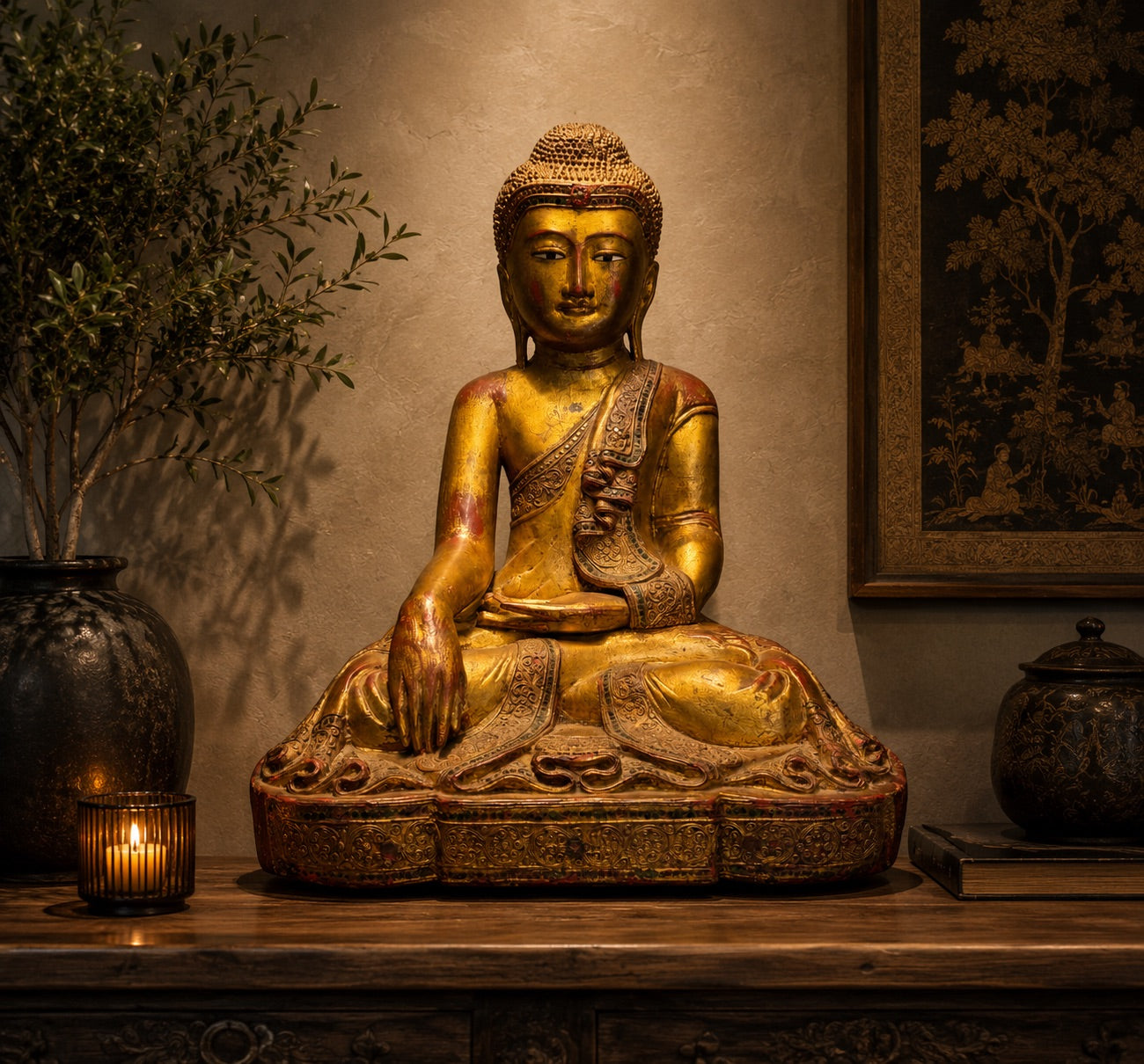 Buddha-Statue aus Burma mit eingelegten Augen und einem gelassenen Gesichtsausdruck