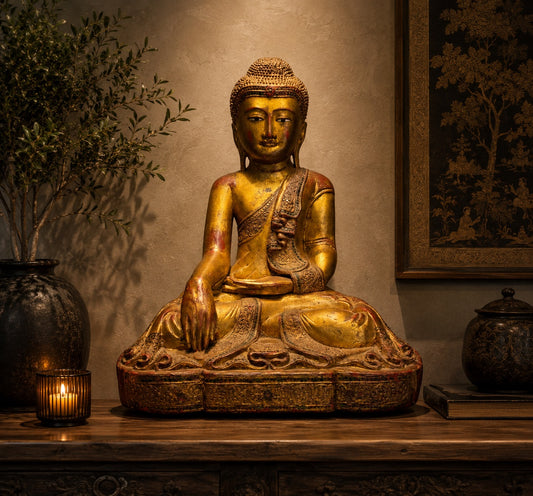 Buddha-Statue aus Burma mit eingelegten Augen und einem gelassenen Gesichtsausdruck