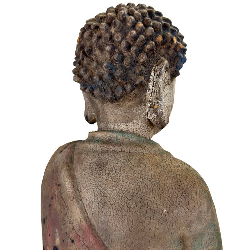 Buddha-Statue aus Holz aus China mit authentischen Gebrauchsspuren