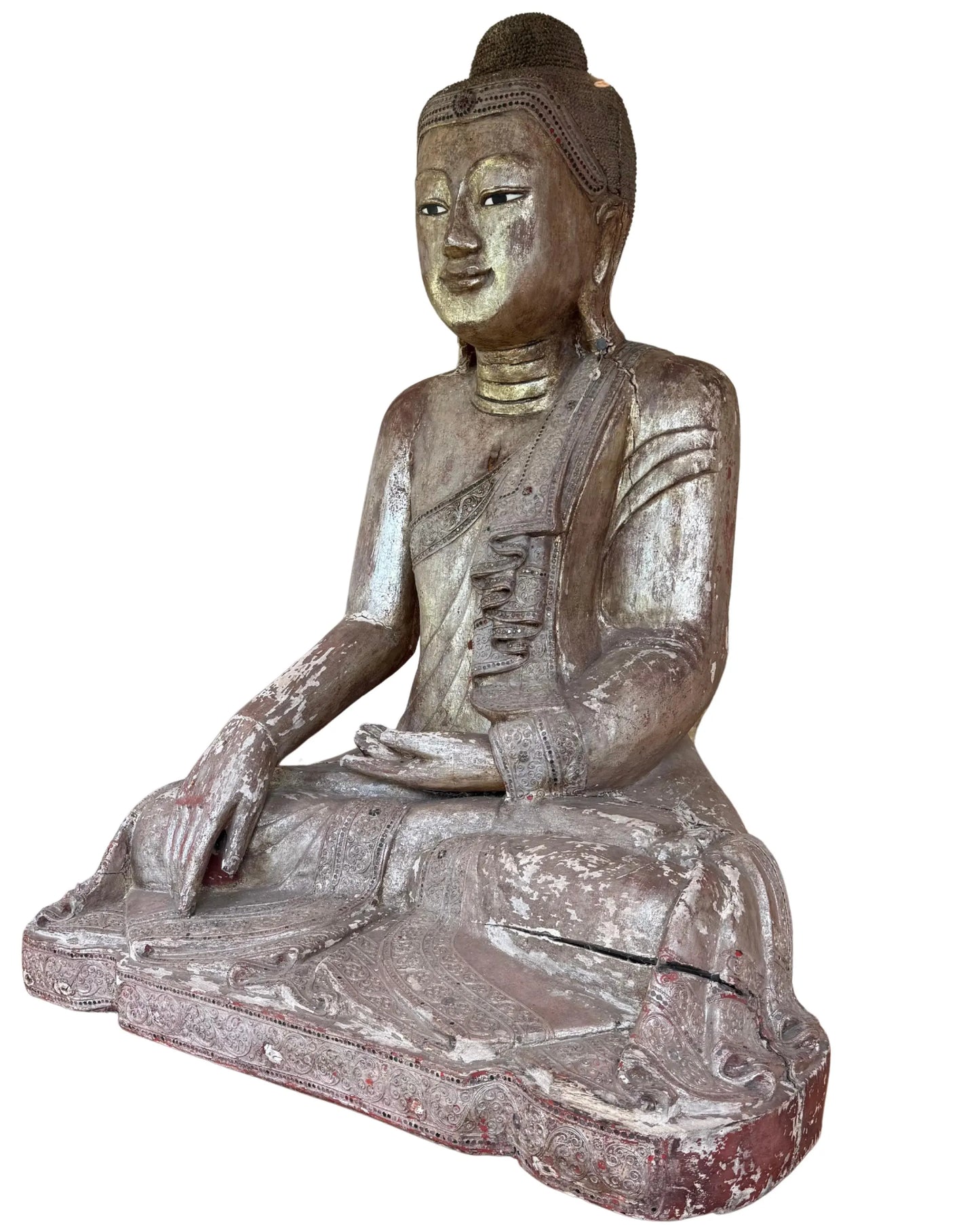 Buddha-Statue aus Holz im Mandalay-Stil, Fassadenkunst