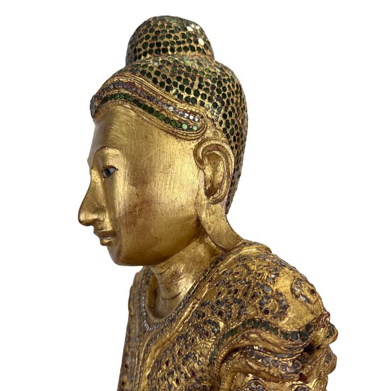 Buddha-Statue aus Myanmar, Mosaikglas, vergoldete Oberfläche, Detail