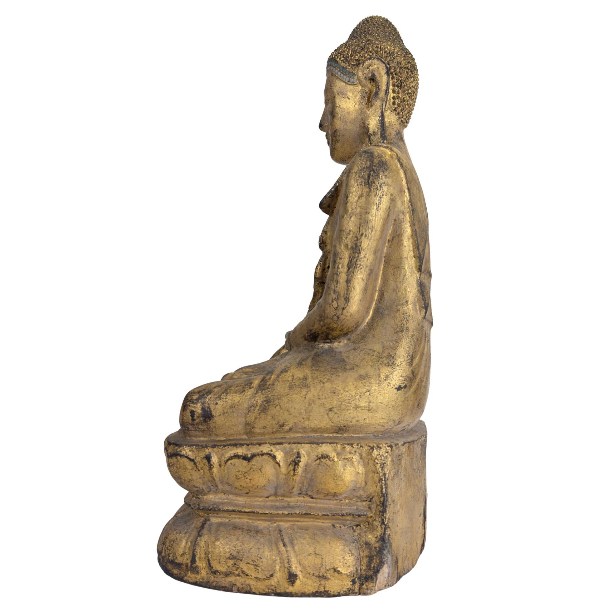 Buddha in Bhumisparsha Mudra, aus Holz geschnitzt