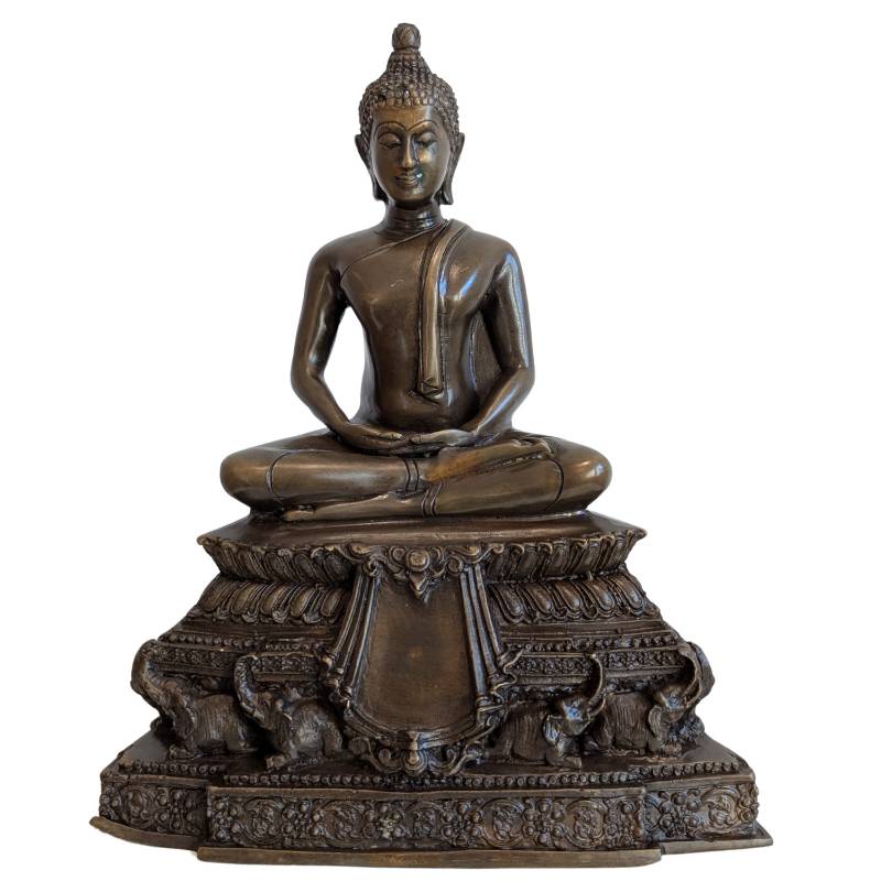 Sitzender Buddha in Dhyana Mudra, Bronze, auf einem Elefantensockel
