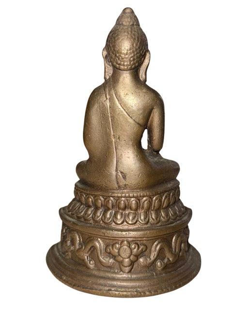 Bronze-Buddha mit rituellem Thronsockel und alter Patina