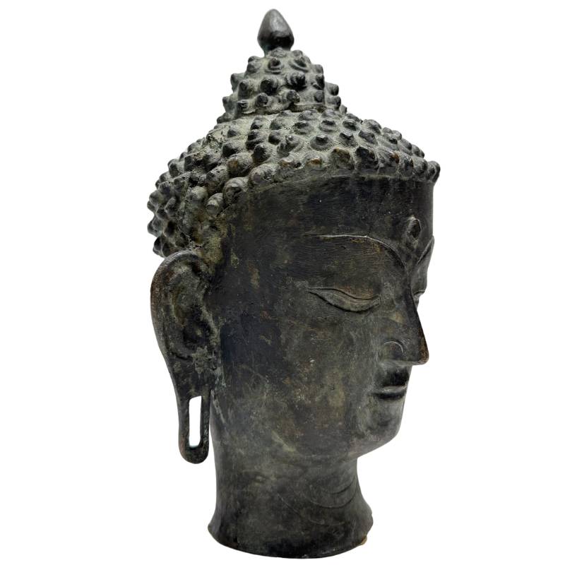 Buddha-Kopf aus Bronze, Himalaya, alte Patina, geschlossene Augen, Ushnisha