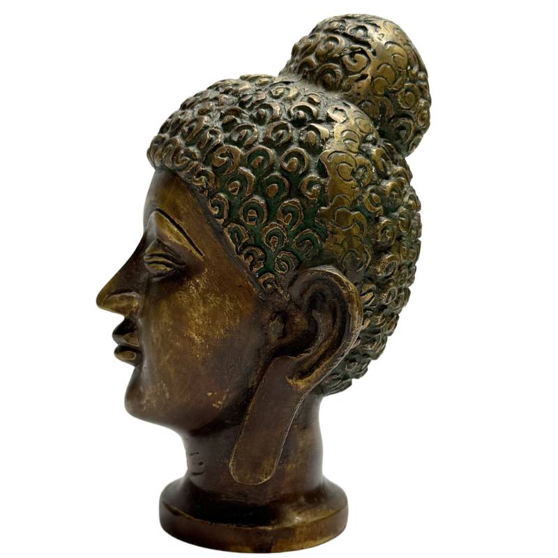 Buddha-Kopf aus Bronze, indische Statue mit langen Ohrläppchen