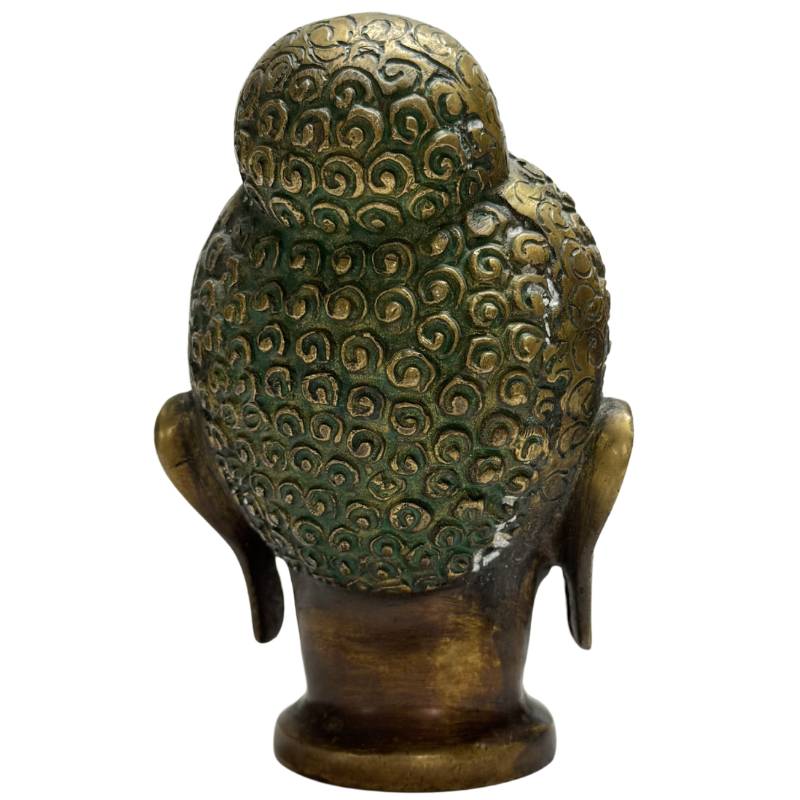 Buddha-Kopf aus Bronze, indische Patina, Statue, Skulptur