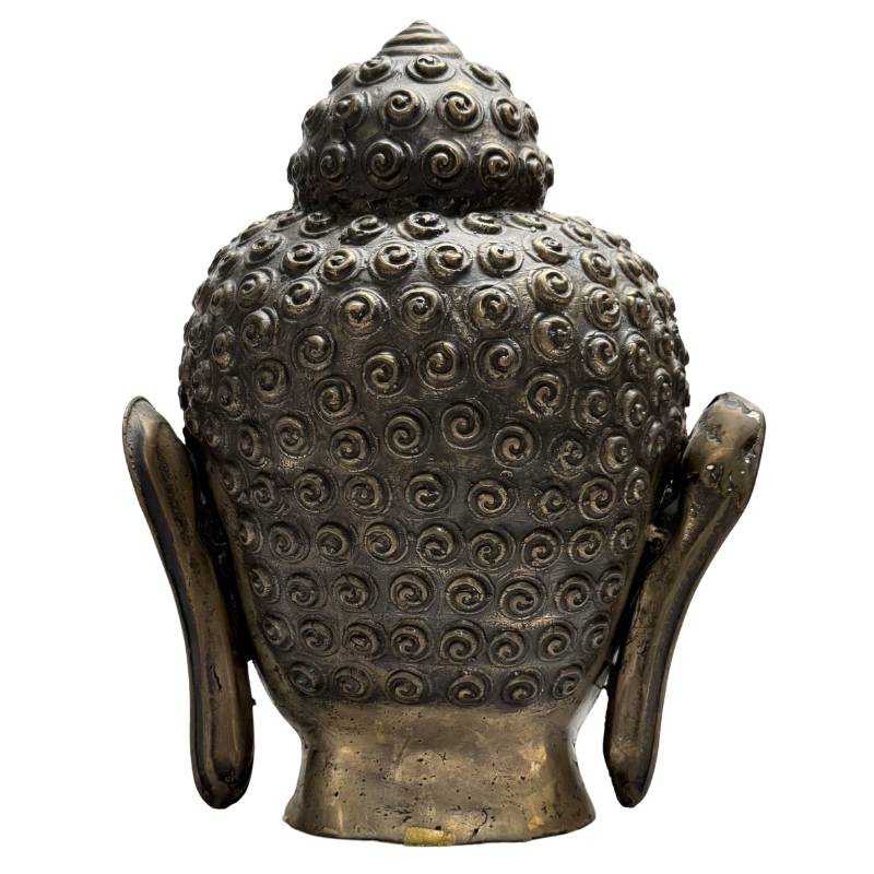 Buddha-Kopf aus Bronze mit langen Ohrläppchen, asiatische Buddha-Statue