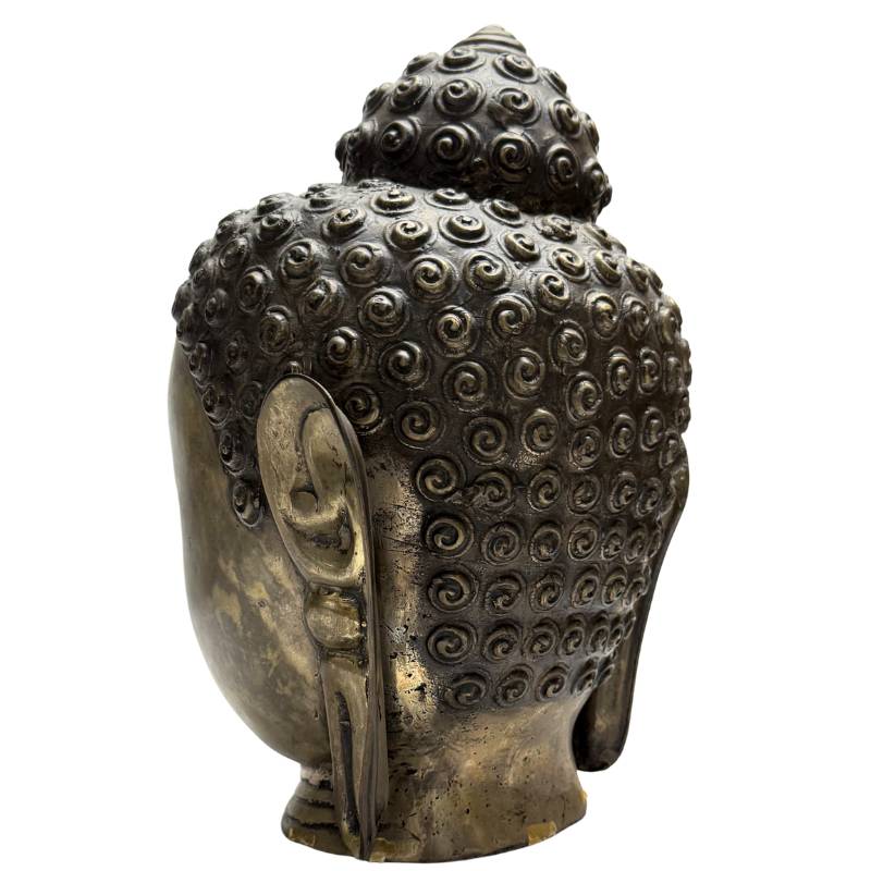 Buddha-Kopf-Bronzestatue mit alter Patina, asiatische Skulptur