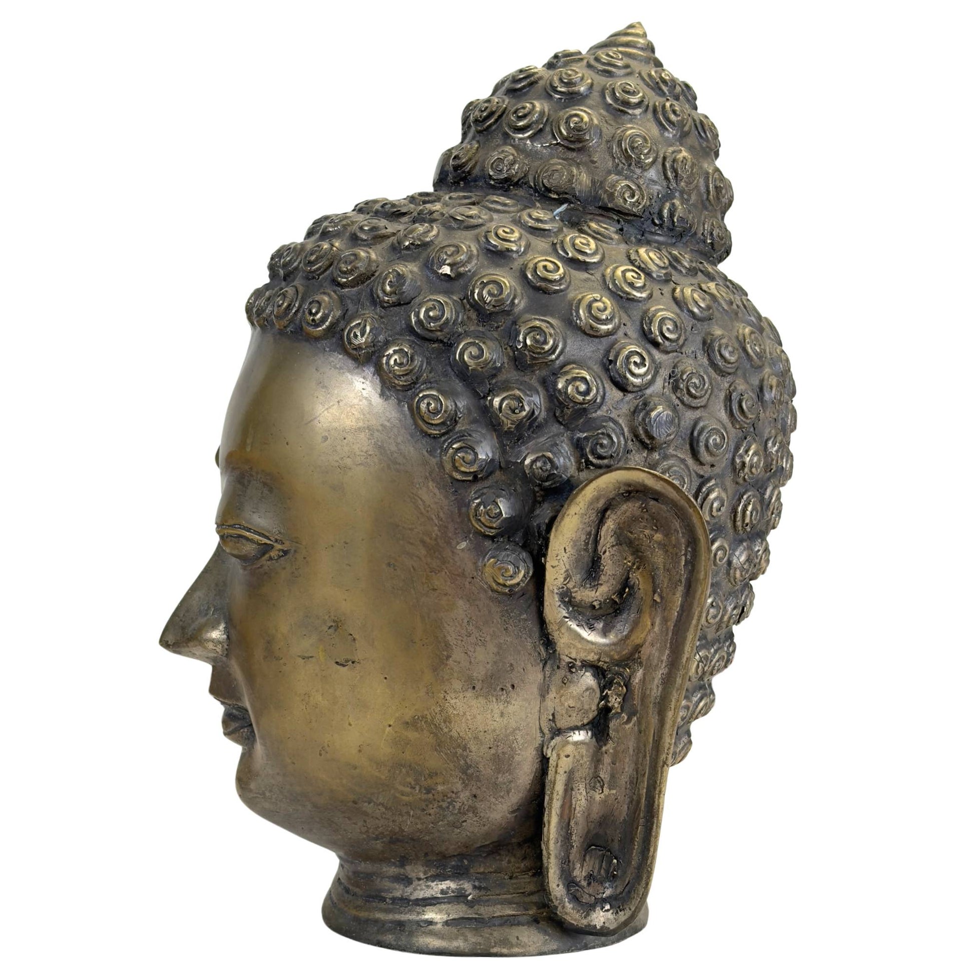 Buddha-Kopf aus Bronze mit goldbrauner Patina und dunklen Akzenten