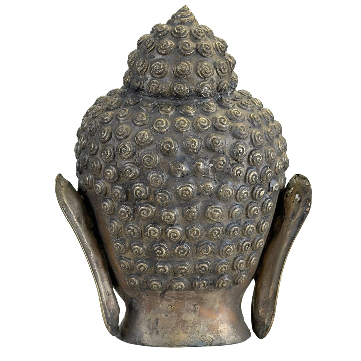 Detail der spiralförmigen Locken an einem Buddha-Kopf aus Bronze