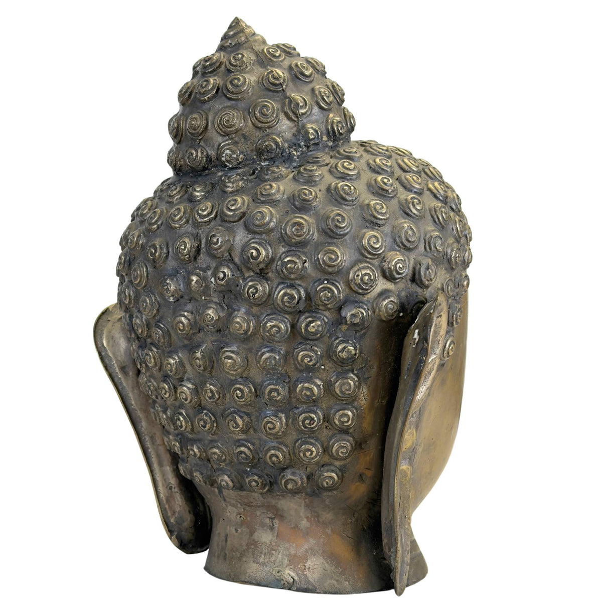 Seitenansicht eines bronzenen Buddha‑Kopfes mit feinen Details