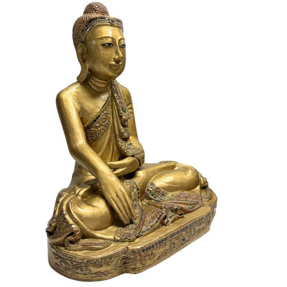 Holz‑Buddha‑Statue mit charaktervollem Gesicht
