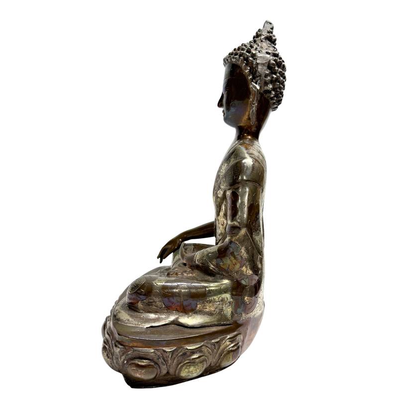 Buddha-Statue aus Bronze, Bhumisparsha-Mudra, Haarstruktur, Ushnisha-Detail