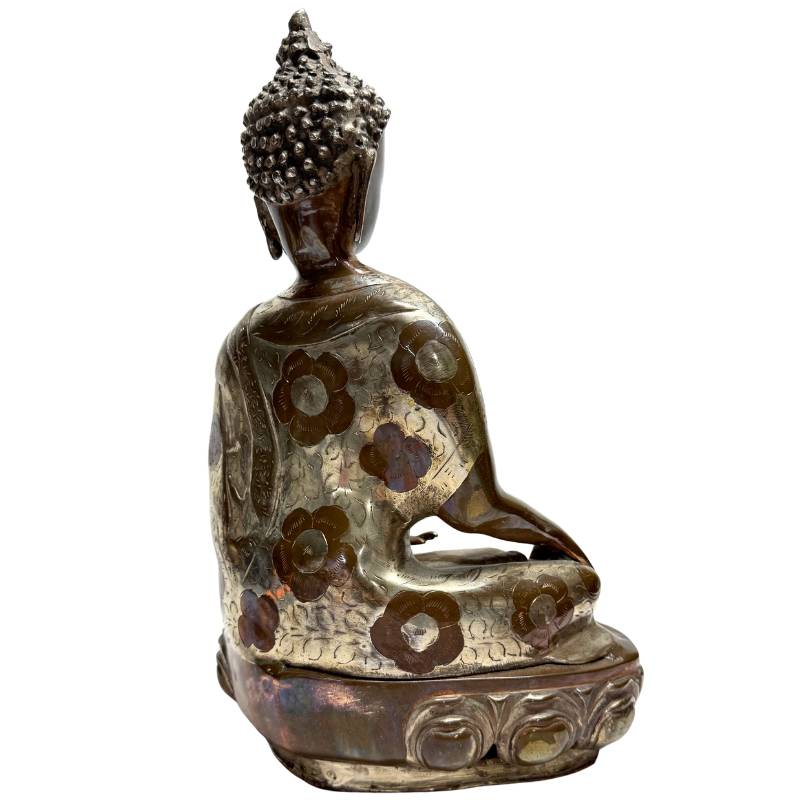 Buddha-Statue aus Bronze, Bhumisparsha-Mudra, Patina, gealterte Oberfläche