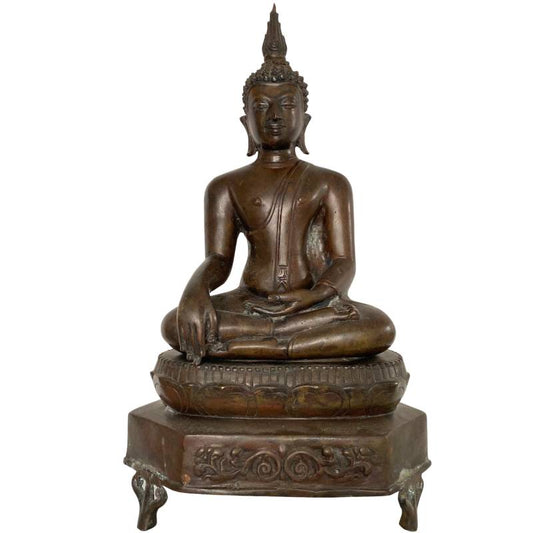 Bronzene Buddha-Statue, thailändischer Tempelsockel, Bhumisparsha-Mudra