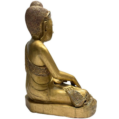 hölzerne Buddha-Statue mit Vergoldung und ruhiger Ausstrahlung