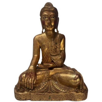 Holz‑Buddha‑Statue aus Myanmar mit abgenutztem Blattgold und natürlicher Patina