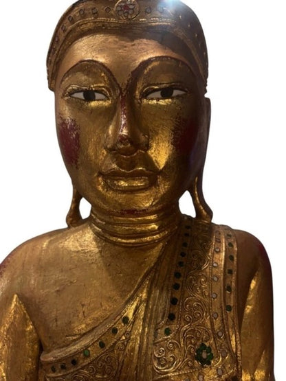 Authentische hölzerne Buddha‑Statue aus Myanmar, 19. Jahrhundert, mit natürlicher Patina