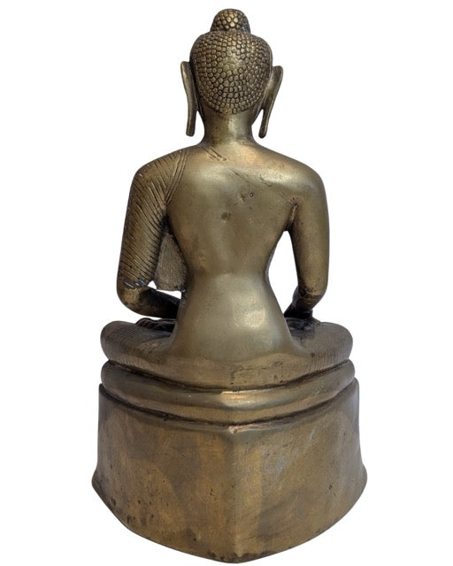 Bronzener Shakyamuni-Buddha auf einem Thron mit Elefantenmotiv