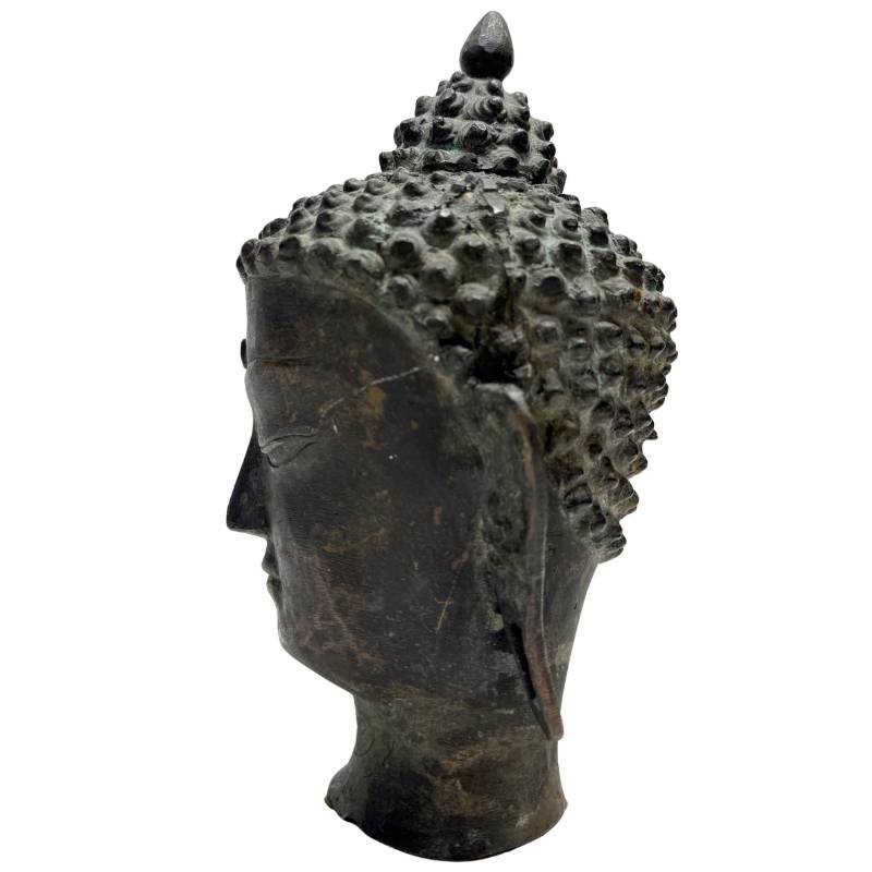 Buddha-Kopf aus Bronze, spirituelle Aura des Himalaya, natürliche Patina