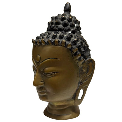 Authentischer nepalesischer Buddha‑Kopf aus vergoldeter Bronze mit natürlicher Patina