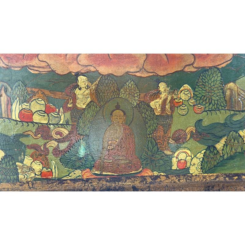 Buddhistische Darstellung des Avalokiteshvara, des vierarmigen Bodhisattva, auf Holztafel