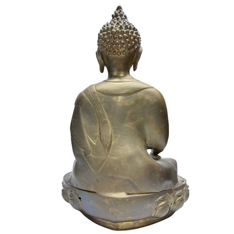Himalaya-Buddha aus Bronze mit Bhumisparsha-Mudra und Restvergoldung