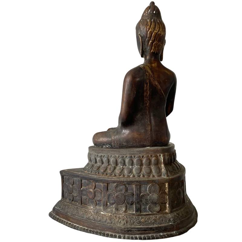 Detail einer Buddha-Statue aus Himalaya-Bronze mit Vergoldung und Patina, Dhyana Mudra.