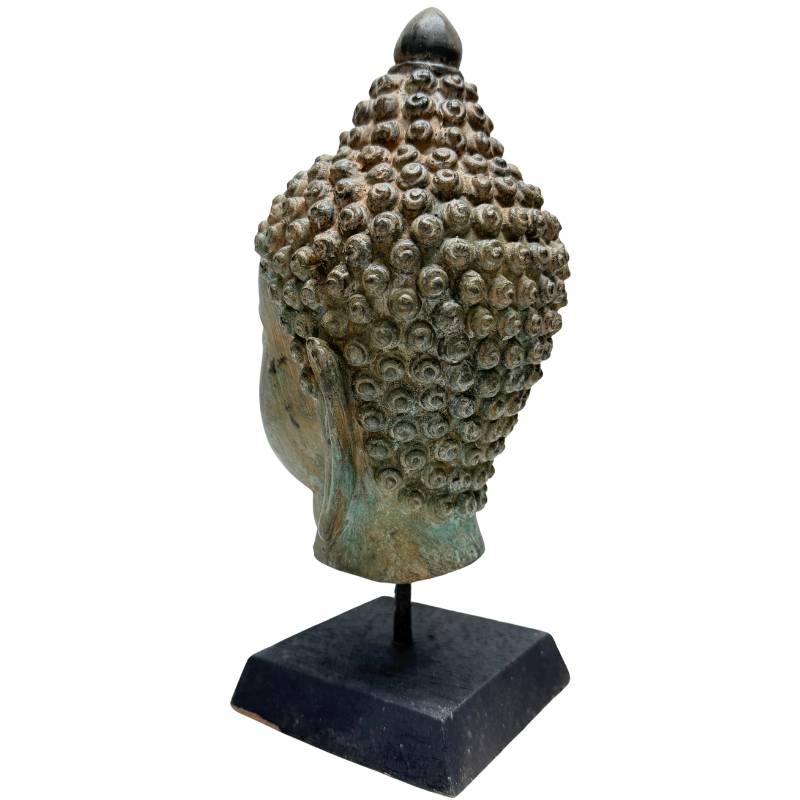 Buddha-Kopf aus Bronze mit alter grünlich-brauner Patina aus dem 19. Jahrhundert