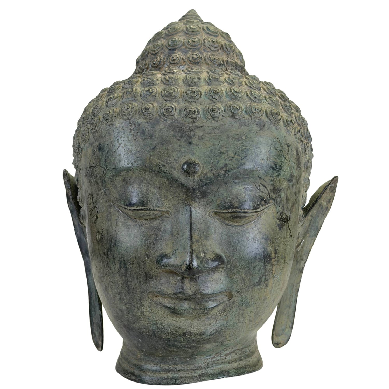 Buddha-Kopf aus Bronze im thailändischen U-Thong-Stil mit grüner Patina