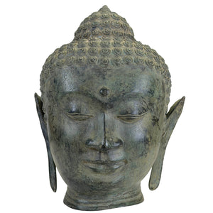 Patinierter Bronze-Buddha-Kopf im U-Thong-Stil – Thailändische Kunst 27 cm