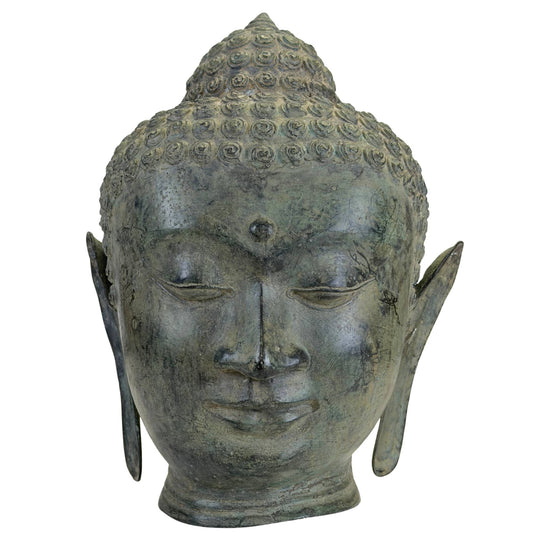 Buddha-Kopf aus Bronze im thailändischen U-Thong-Stil mit grüner Patina
