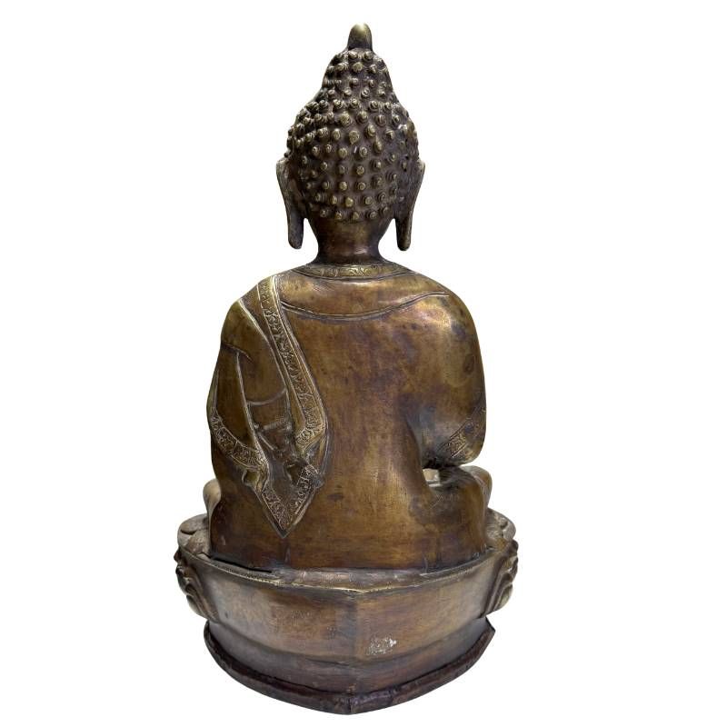 Antiker Buddha aus Bronze auf traditionellem Lotussockel mit alter Patina