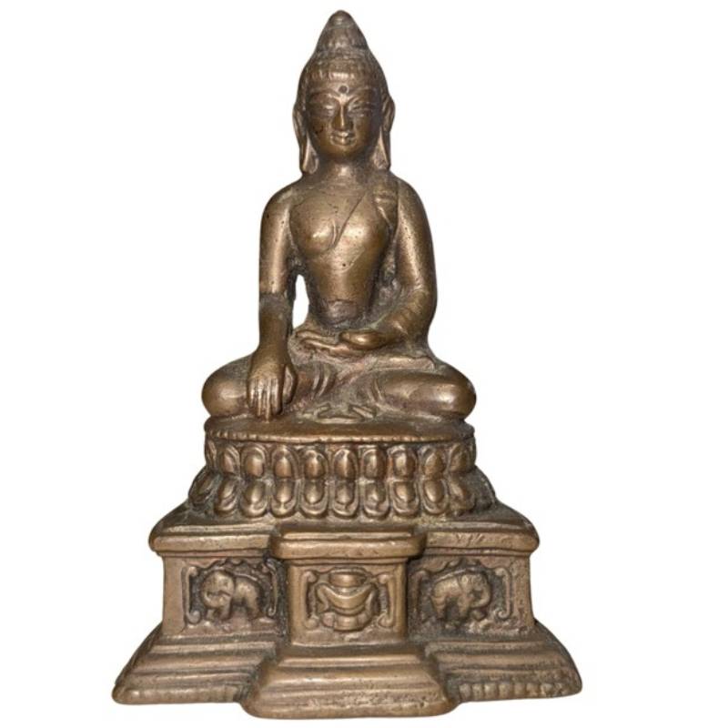 Bronzene Buddha-Statue mit illustriertem Thronsockel und Lotusverzierung