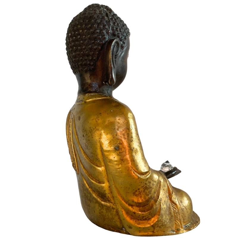 Bronzebuddha aus Nepal mit Kristall und Stupa in Meditationshaltung