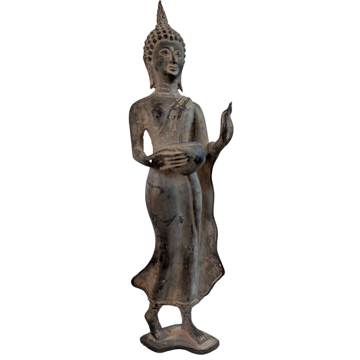 Thailändischer bronzener Buddha in Pang Um Bat Haltung mit der linken Hand in Abhaya Mudra.
