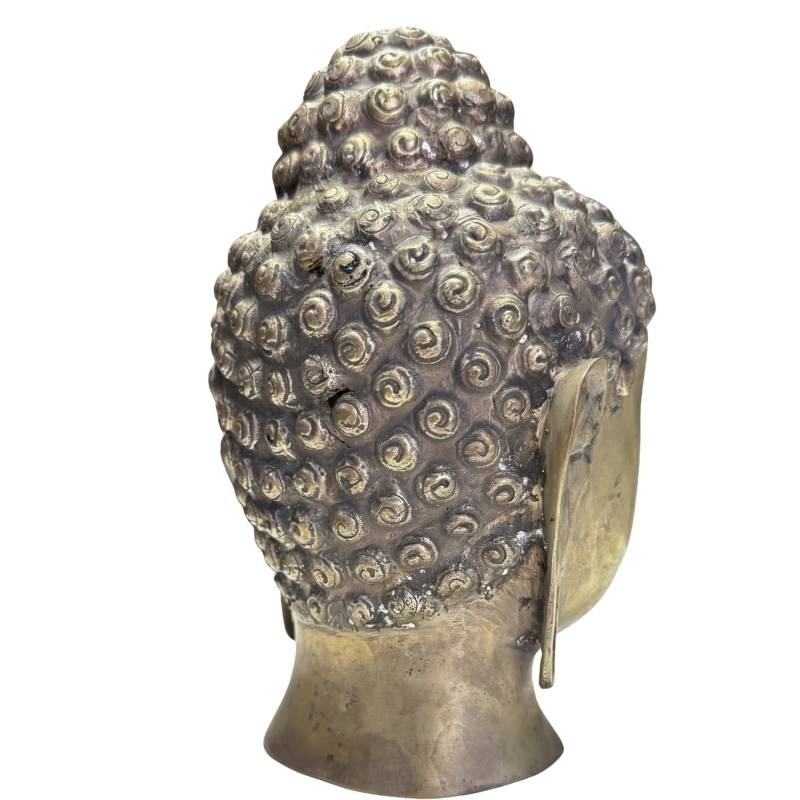 Nahaufnahme der Rückseite mit dem traditionellen Haarknoten (Ushnisha) der Buddha-Frisur.