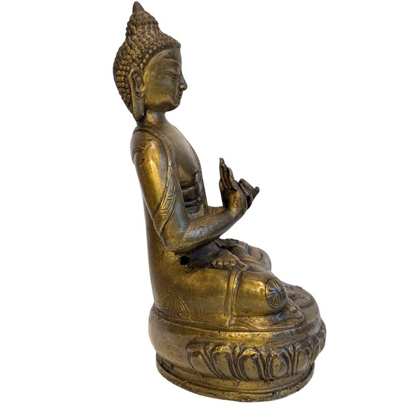 Bronzene Buddha-Statue in sino-tibetischer Tradition mit Dharmachakra-Mudra