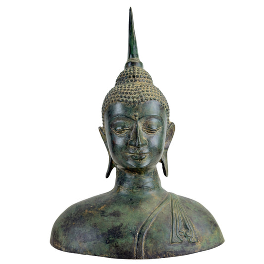 Bronzen Boeddhabuste uit Thailand in Sukhothai-stijl, vooraanzicht.