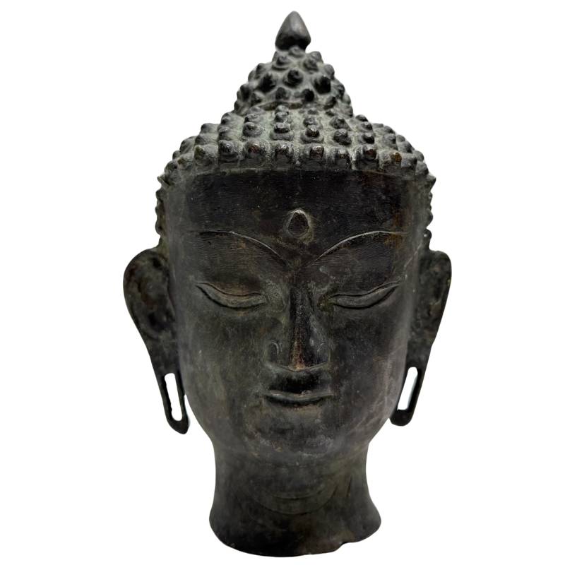 Buddha-Kopf aus Bronze, Himalaya, antike Patina, heiterer Ausdruck