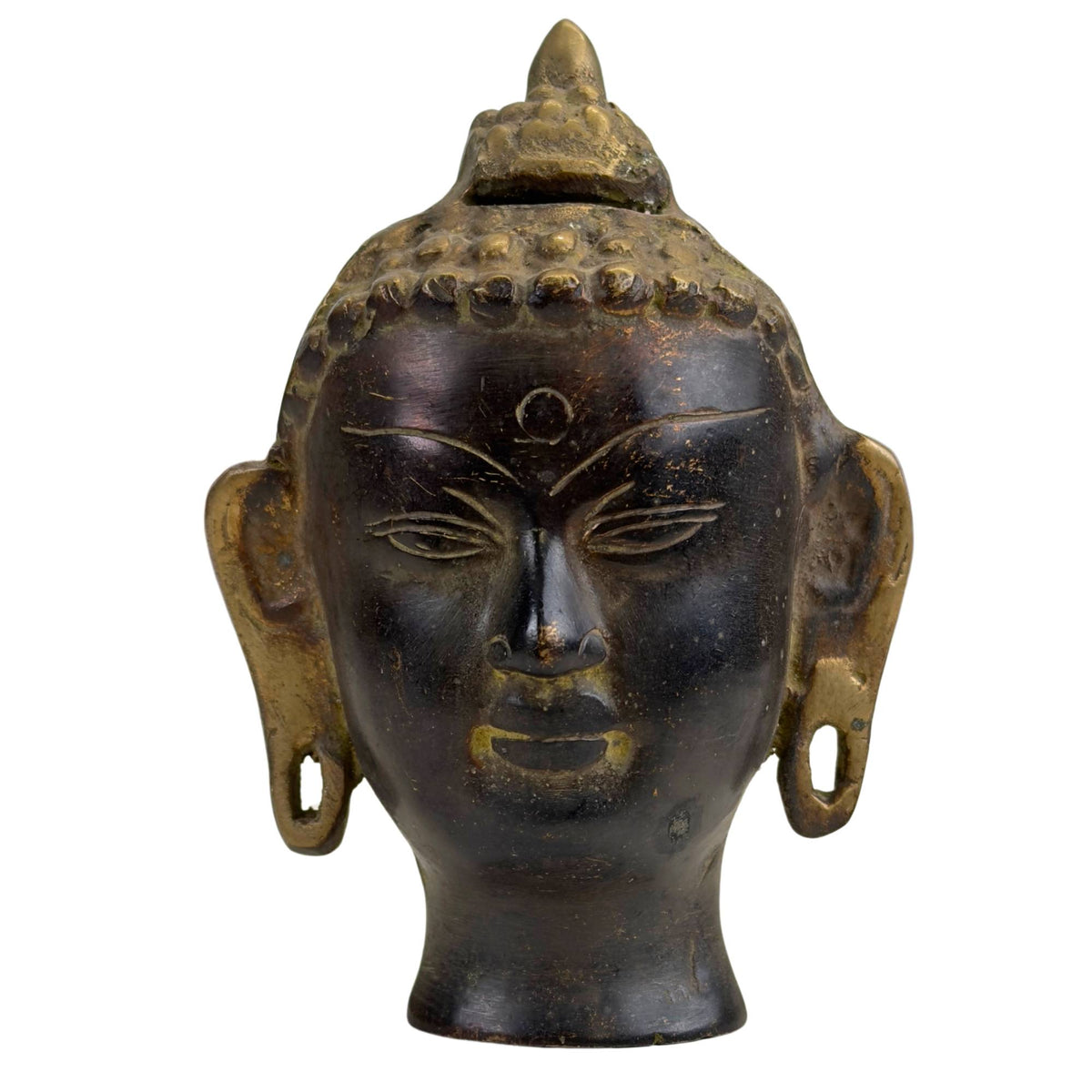 Bronze Buddha‑Kopf mit hoher Ushnisha und dunkler Patina