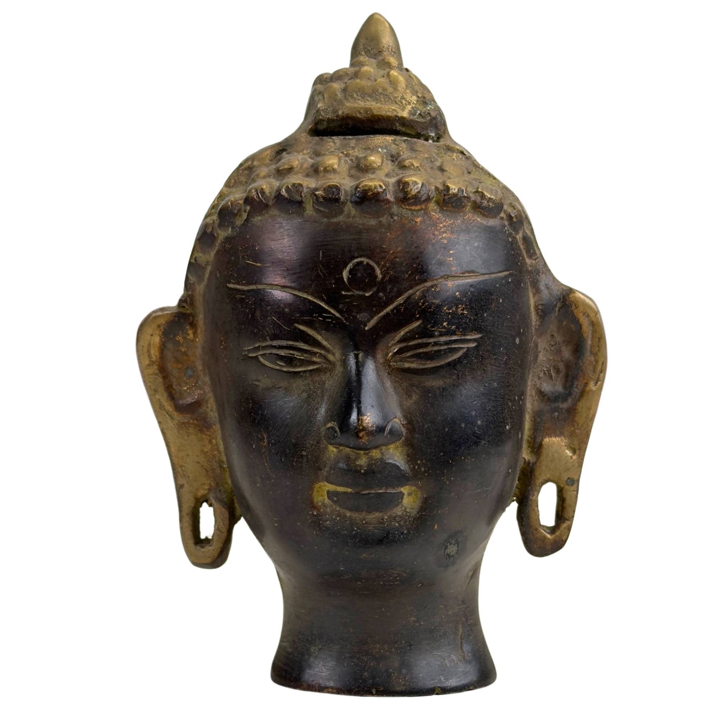 Buddha-Kopf aus Bronze mit hohem Ushnisha und dunkler Patina