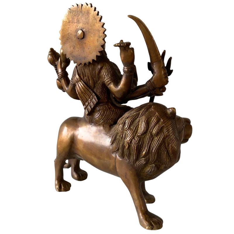 Bronzene Durga-Statue mit Löwe – traditionelle indische religiöse Statue